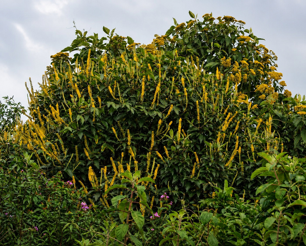 A mature Abatia parviflora tree covered with numerous drooping yellow flower spikes
