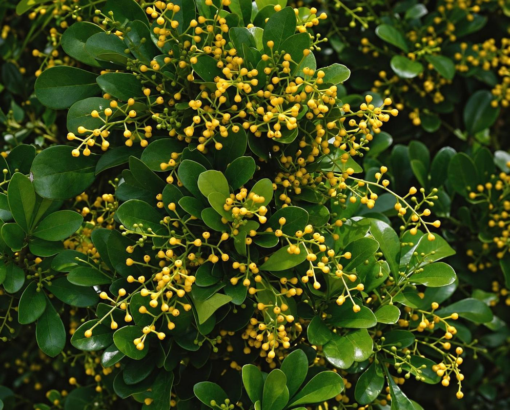 Aglaia odorata has branching clusters of tiny yellow flowers among glossy rounded leaflets