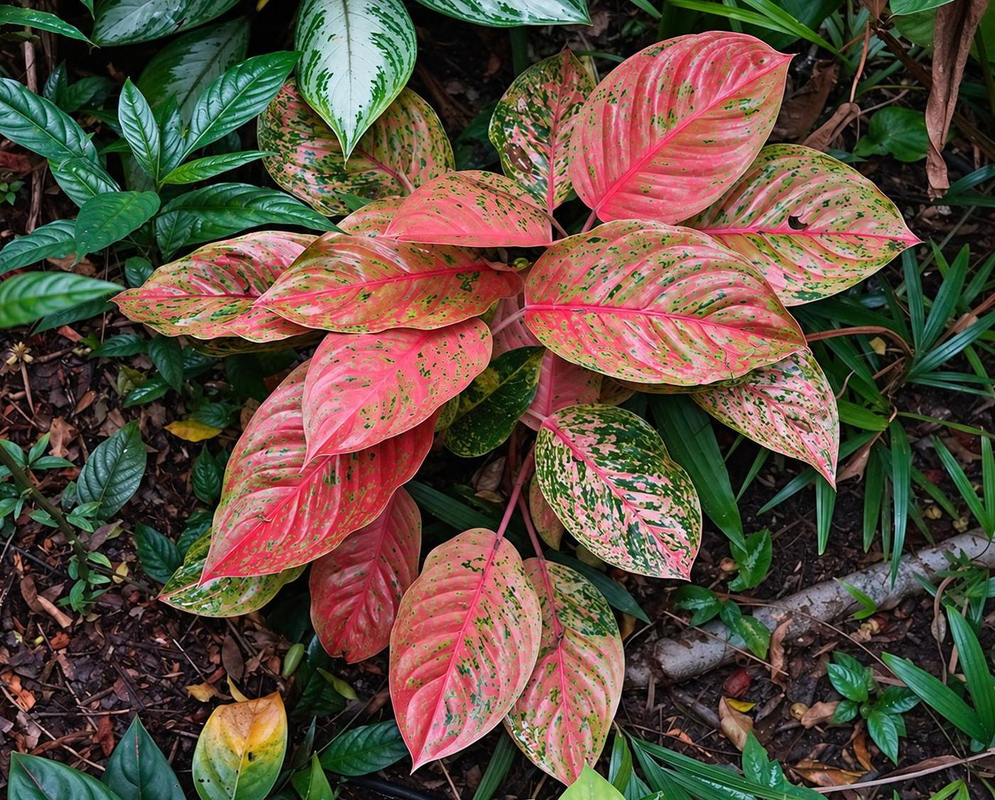 An Aglaonema hybrid has broad pink leaves mottled and edged with green