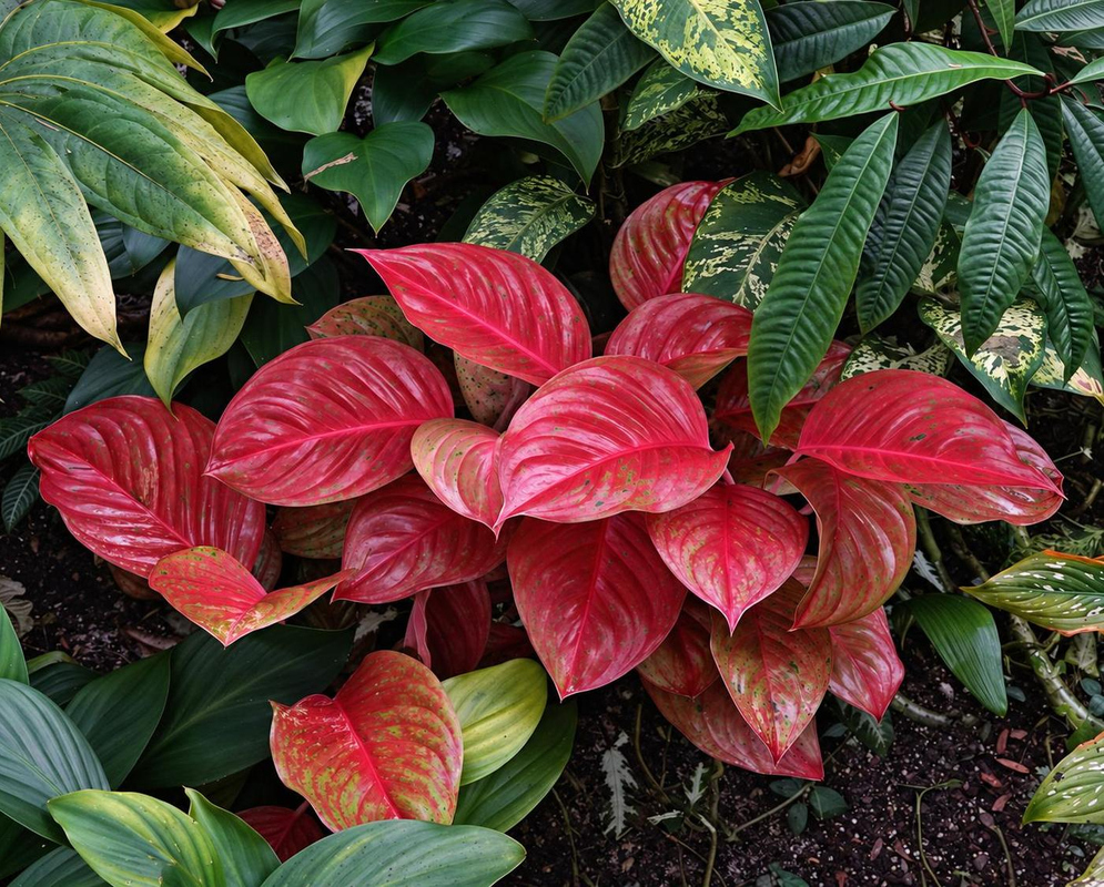 Aglaonema Hybrid Red Leaf Cluster An Aglaonema hybrid displays overlapping red leaves with pale pink veins