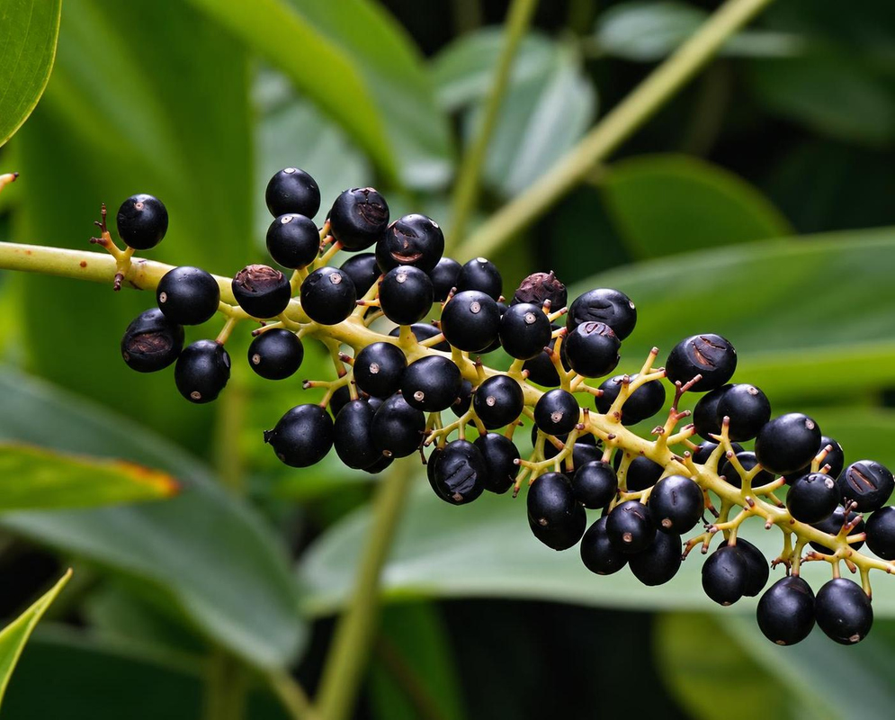Alpinia galanga bears a branching cluster of round glossy dark fruits