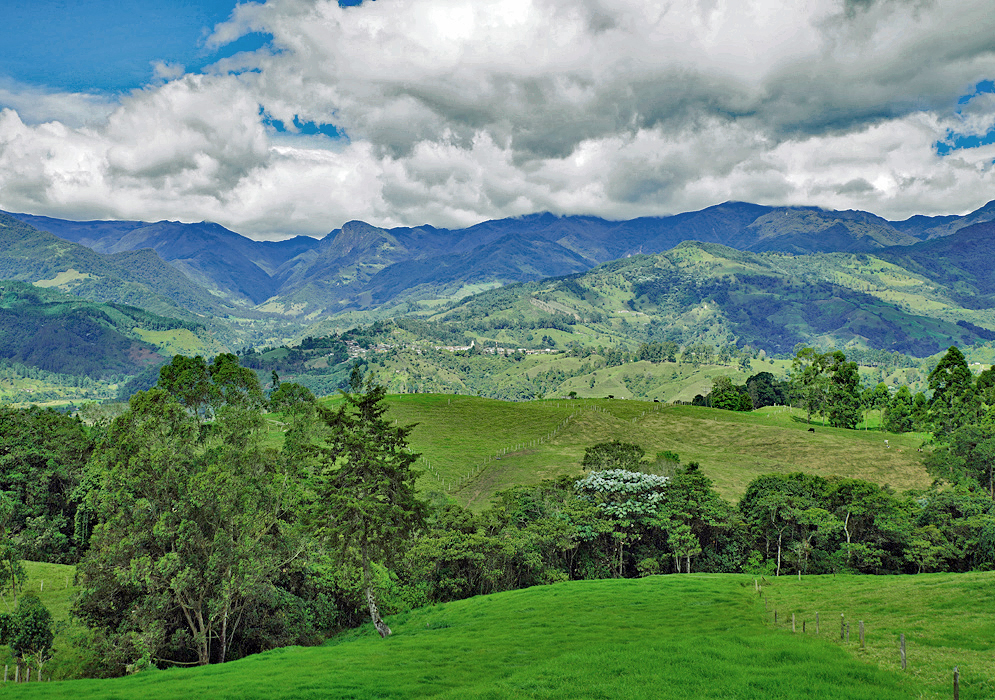 Salento with pastureland in the foreground and the Andes mountains in the background