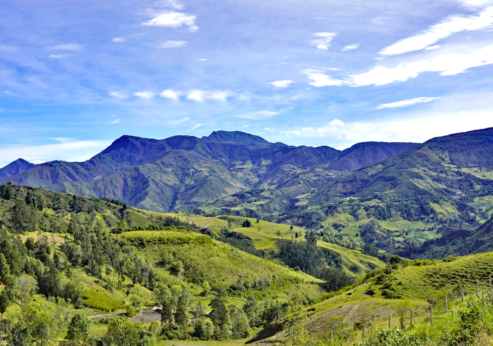 Blue skies and green mountains