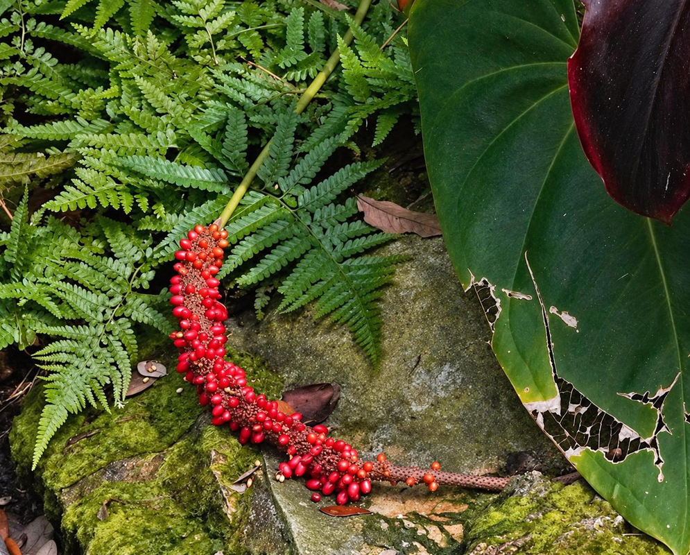 Bright red Anthurium lucens berries line a curved fruiting stalk beside a broad leaf