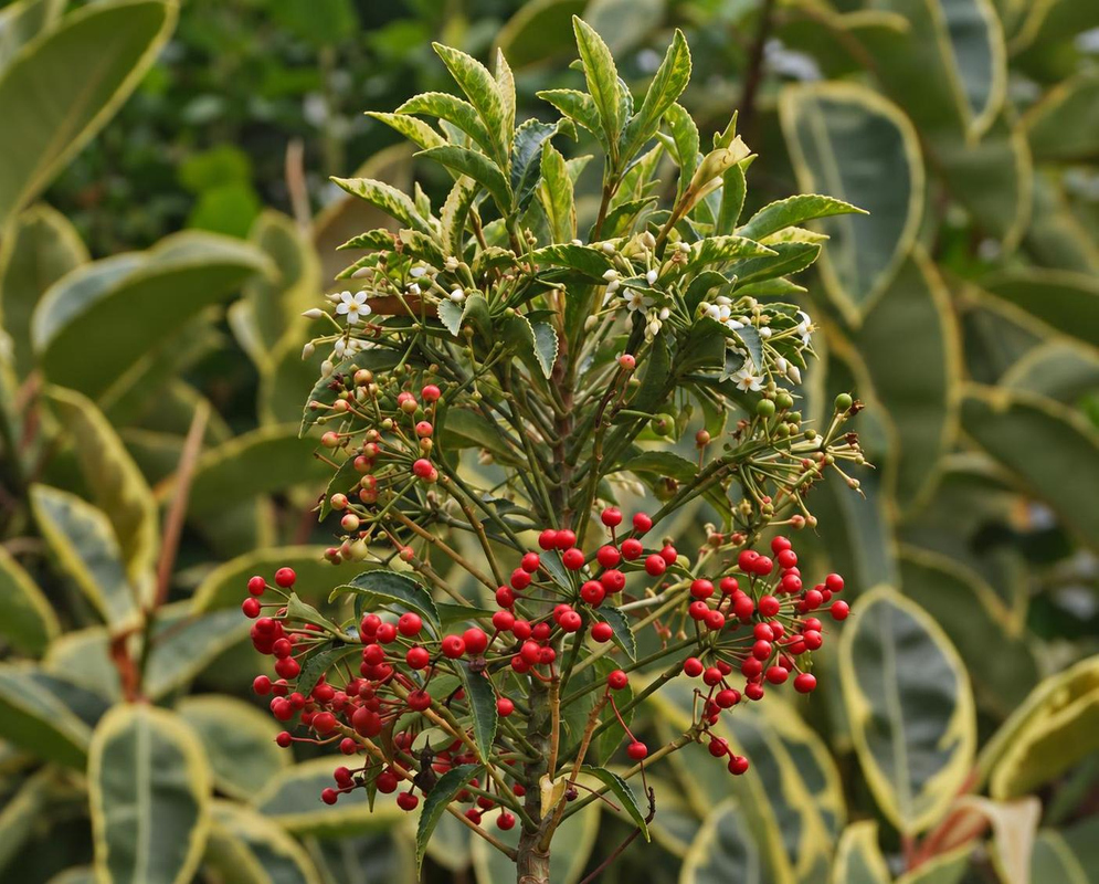 Ardisia crenata carries clusters of small bright red fruits beneath cream-edged green leaves