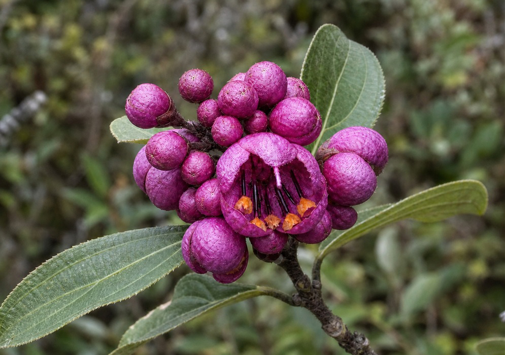 Detailed magenta Axinaea macrophylla flower surrounded by rounded buds in Colombia