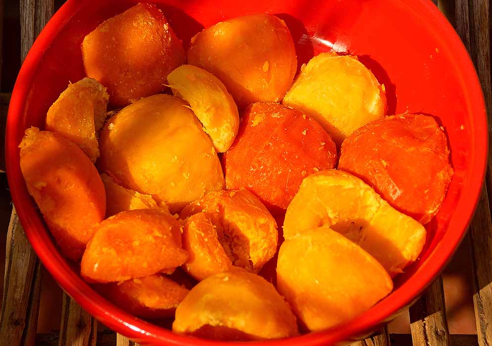 Sliced orange Bactris gasipaes fruit pulp in a red bowl