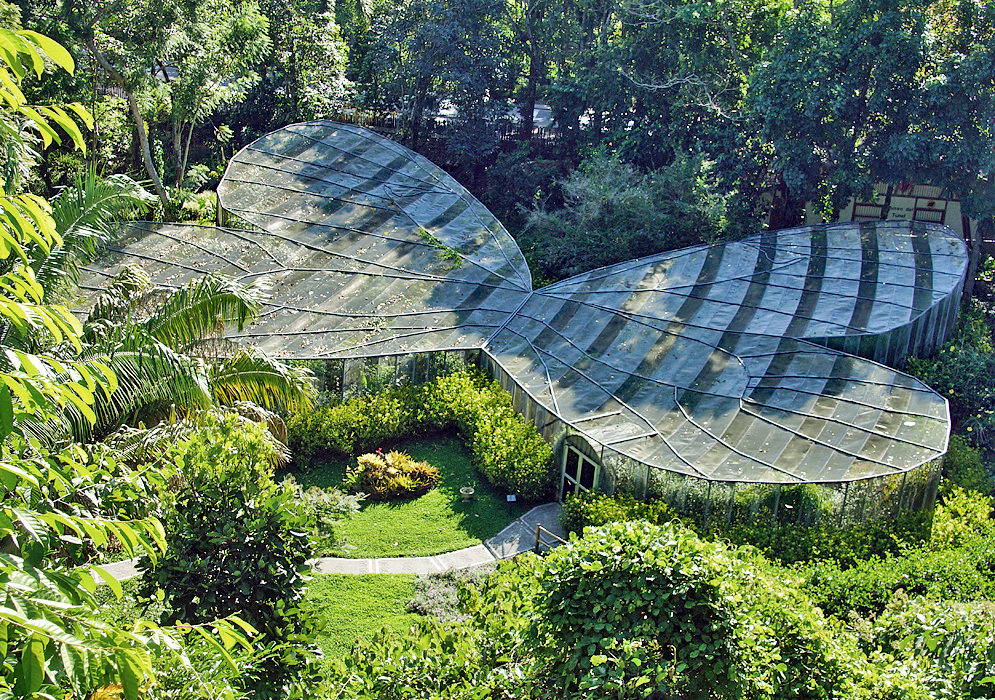 Sunny day, butterfly shaped greenhouse at the botanical garden in Quindio, Colombia