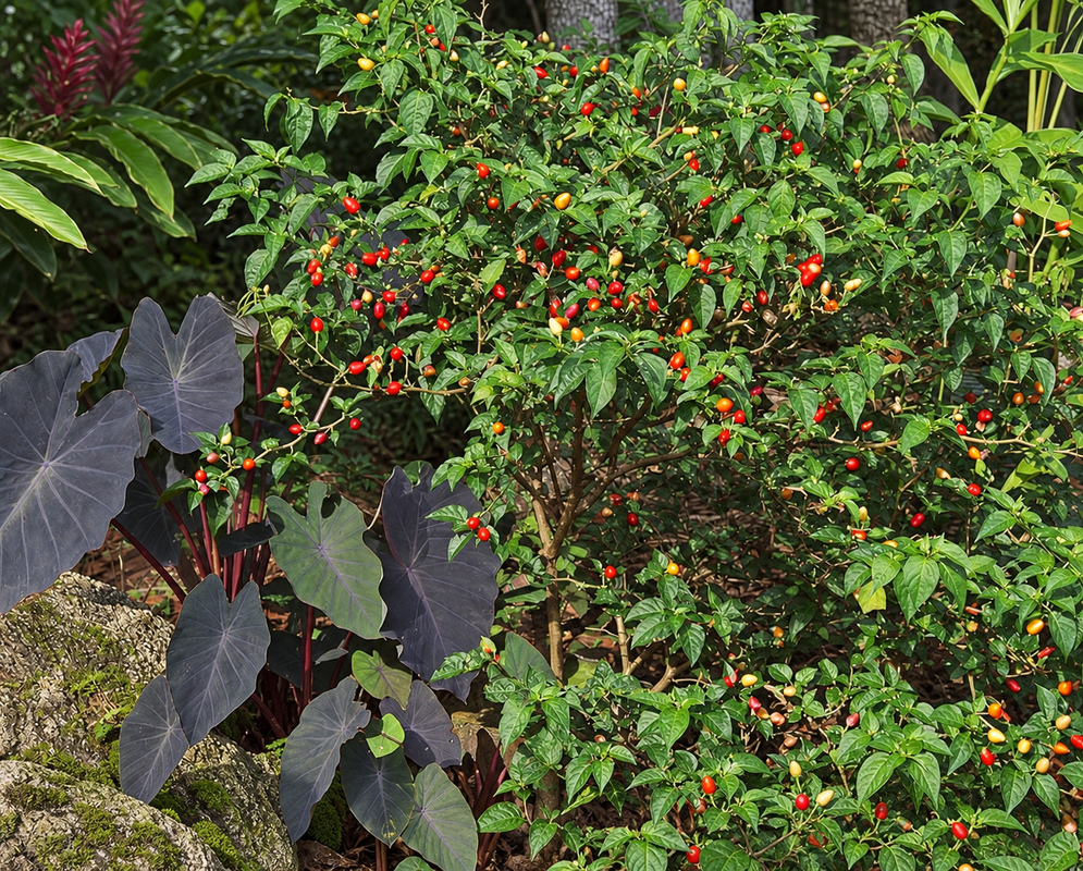A vivid cluster of slender red and yellow Capsicum annuum ‘Chilly Chili’ peppers growing upward on a healthy green plant