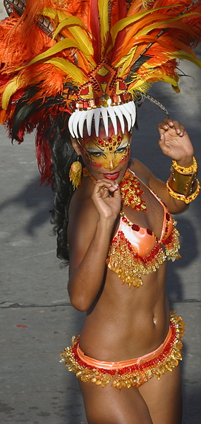 Elegant Carnival dancer in a fiery orange feathered costume and ornate headdress, striking a pose during the Barranquilla Carnival parade