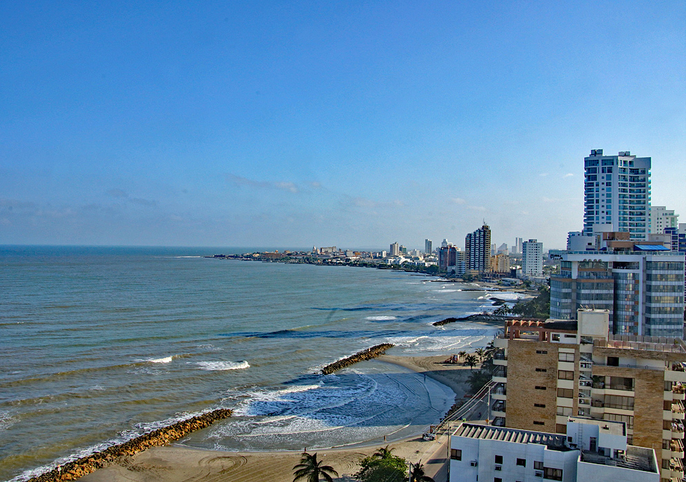 Beach, sea, condos and hotels of Bocagrande, Cartagena during sunrise