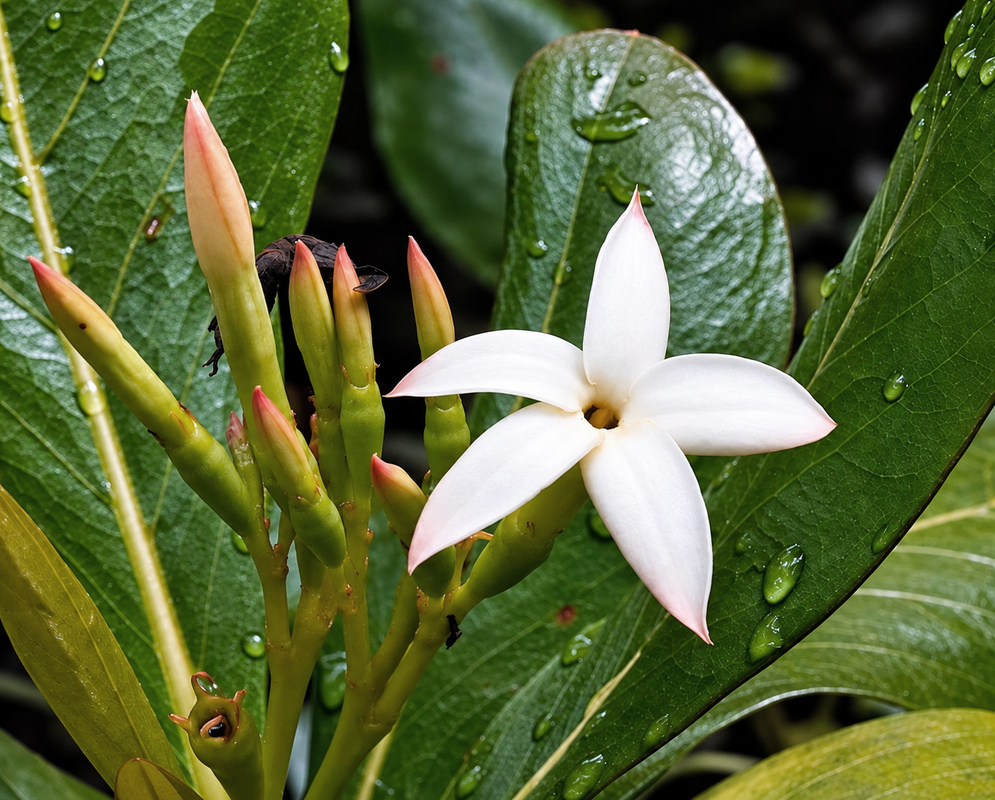 Casasia clusiifolia has a white five-lobed flower beside pink-tipped tubular buds and thick glossy green leaves