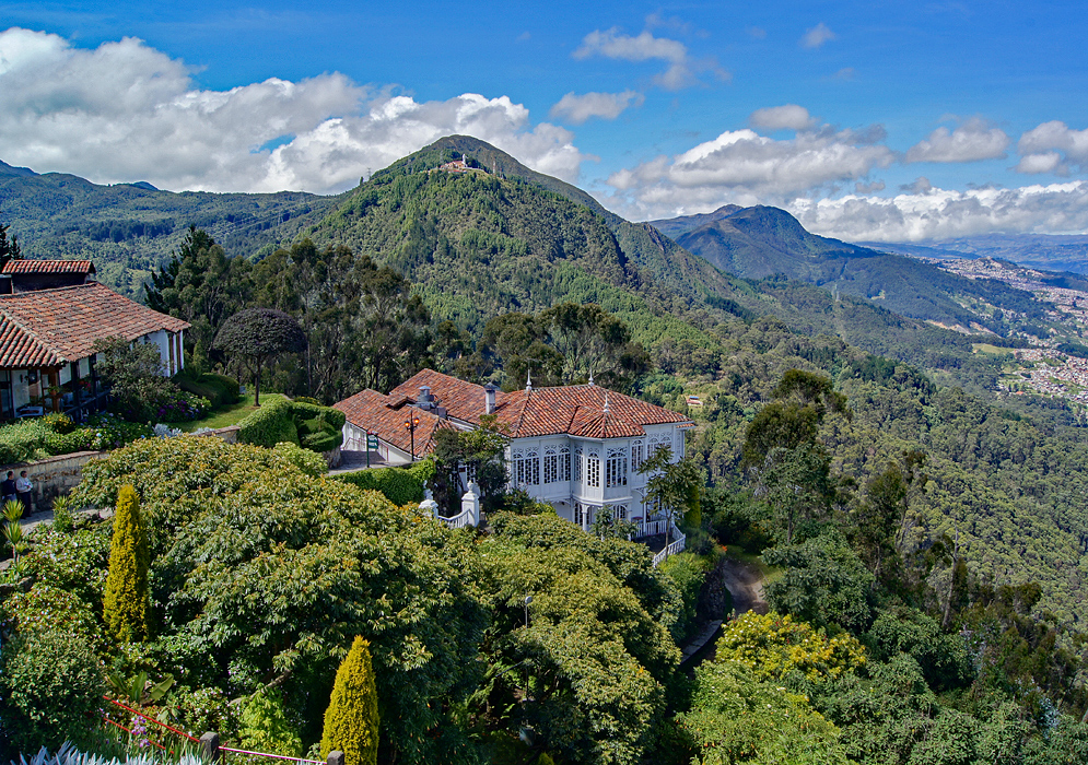 The restaurants at Cerro de Monserrate with a clear view of the church of Guadalupe and Andes mountains 