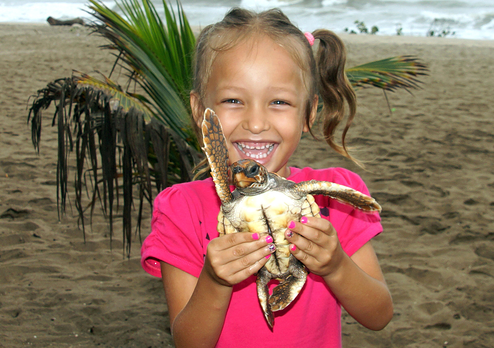 A beautiful, joyful girl holding a Green Sea Turtle on the beach
