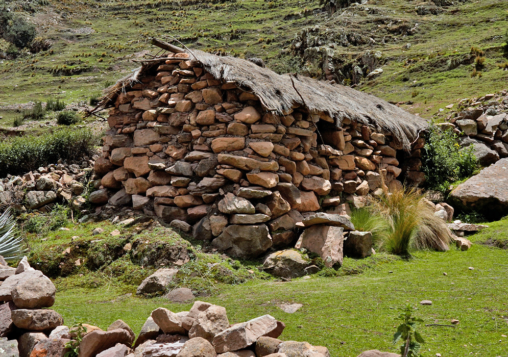 Andean Choza in Highlands A rustic Andean hut constructed from reddish stones and topped with a straw roof sits on grassy terrain, blending into the rugged Peruvian highland landscape