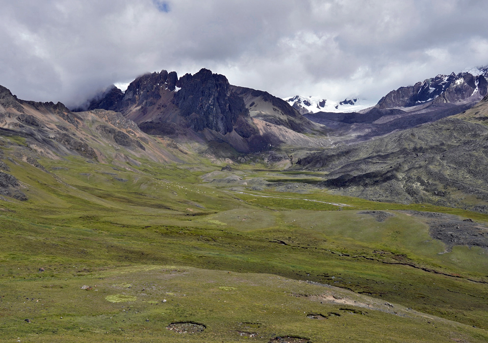 Cordillera Vilcanota Andes Peru Towering peaks of the Vilcanota mountain range with snow-capped summits rise above a vast alpine plain
