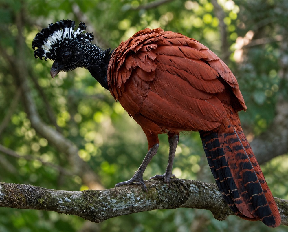 A Crax rubra standing with its curled crest and dark plumage clearly visible