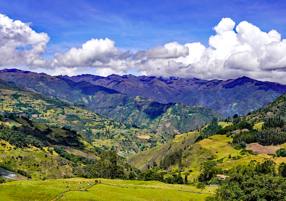 Green mountains and farmlands in the foreground of brown mountains