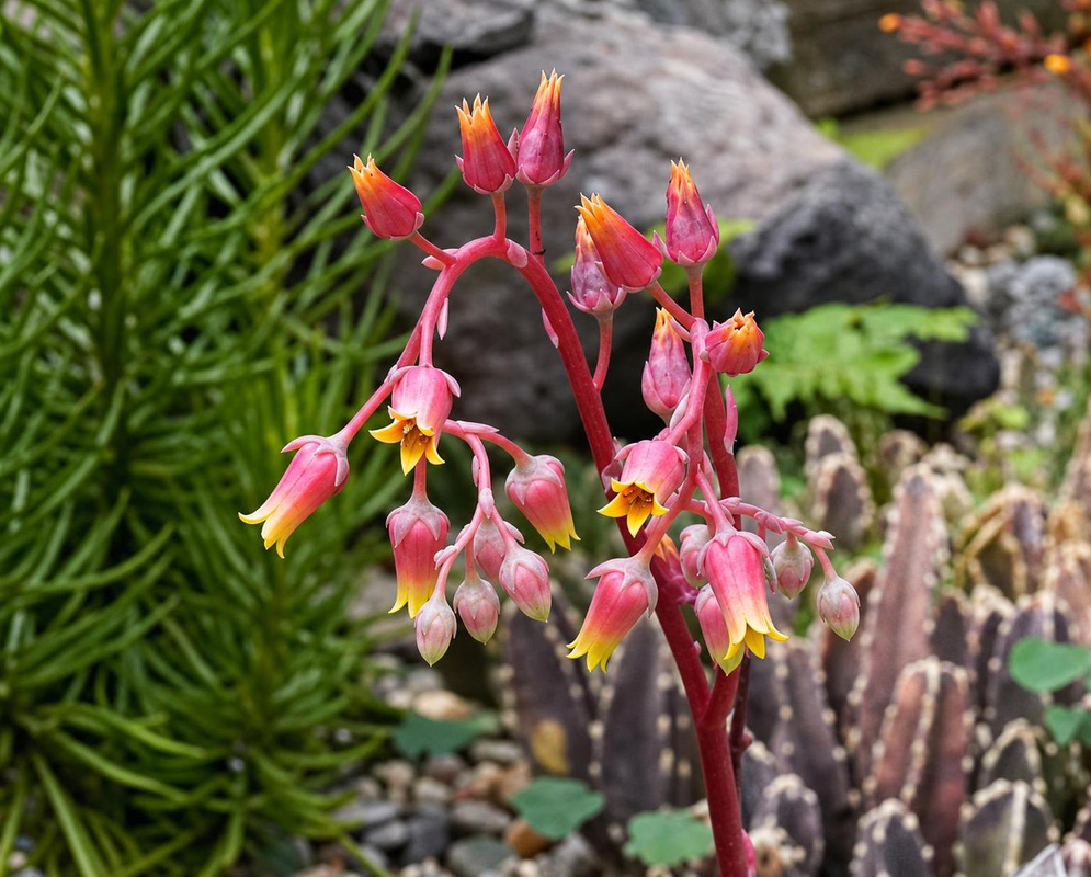 Pink Echeveria agavoides flower stalks carry hanging red-yellow blooms above a rocky bed