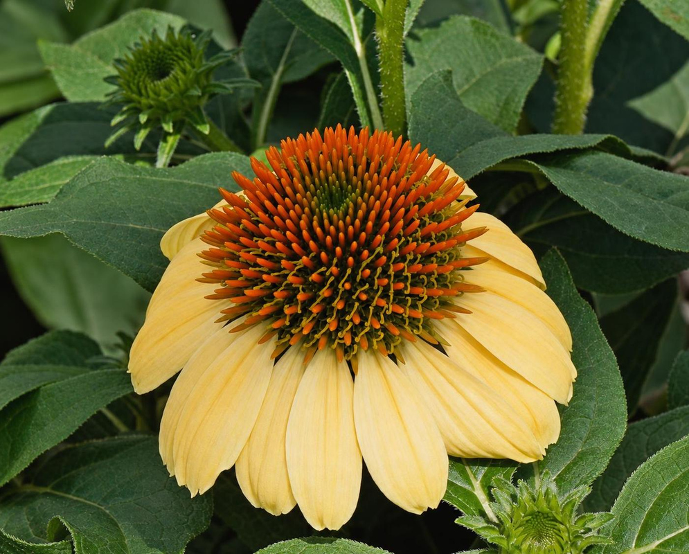Pale yellow Echinacea Cheyenne Spirit rays surround a raised orange-brown central cone