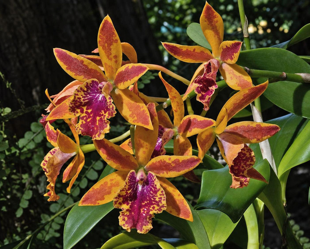 Epicatanthe Stephanie Takasaki bears golden-orange flowers with reddish markings and frilled purple lips