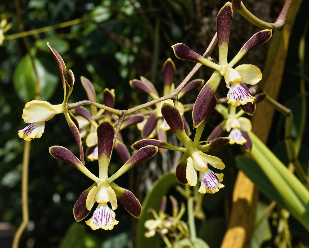 Epidendrum Cindy and Encyclia alata Bronze Warrior hybrid flowers have maroon segments and cream lips with purple streaks