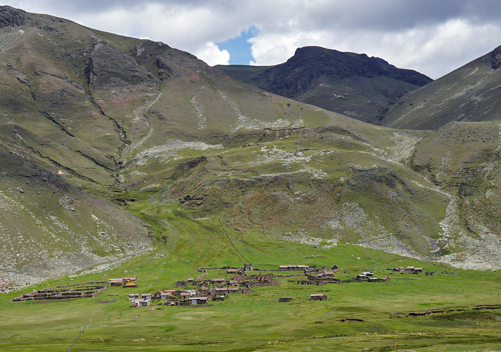 Chillca Community in the Andes Small Andean village of Chillca nestled in a high-altitude green valley surrounded by rocky slopes and rugged mountains