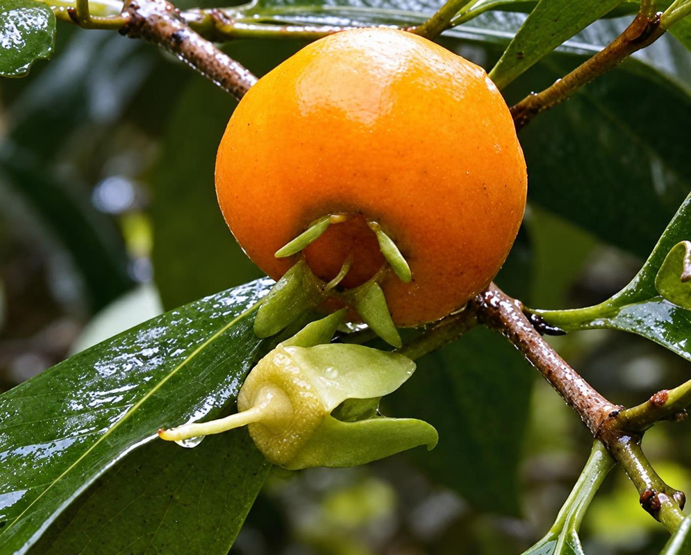 Eugenia luschnathiana has a round glossy orange fruit with persistent green calyx lobes hanging beside a green leaf
