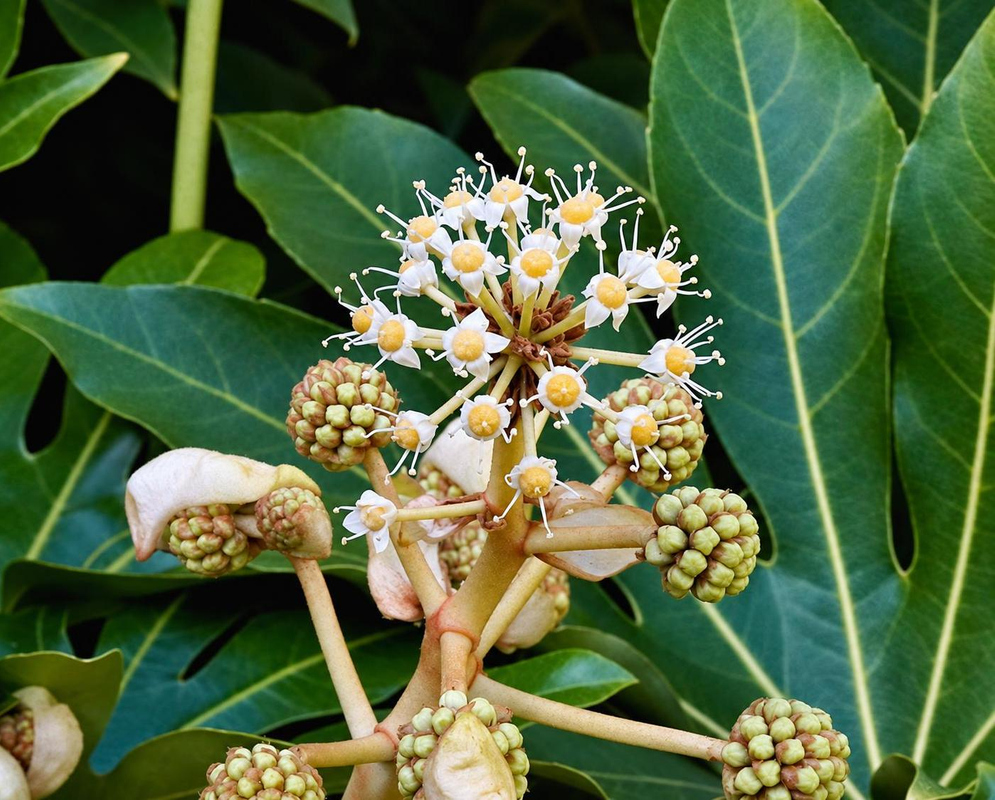 Fatsia japonica has rounded umbels of small creamy white flowers and buds on branching pale stalks in front of large lobed green leaves