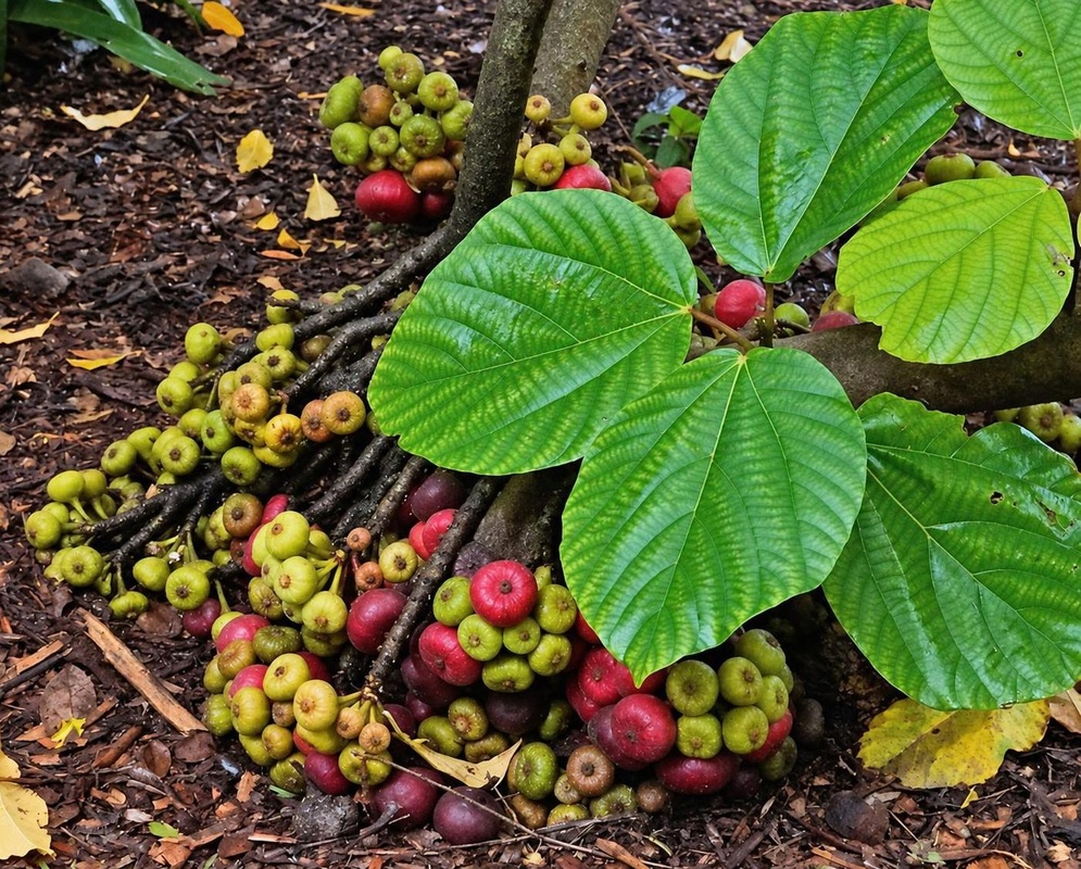 Ficus auriculata has clusters of round green and reddish figs on low woody stems beneath broad prominently veined green leaves