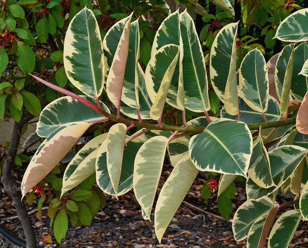 Ficus elastica has glossy oval leaves with dark green centers, broad cream margins and pink-tinted new growth along thin branches