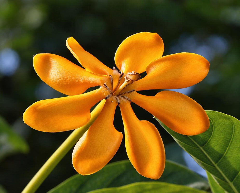 Gardenia carinata has an orange pinwheel-shaped flower with broad curved lobes beside glossy green leaves