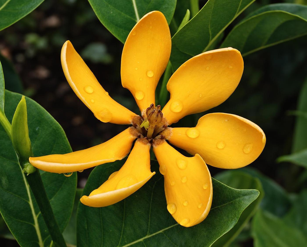 Gardenia tubifera has an orange flower with broad curved lobes and raindrops against dark green leaves