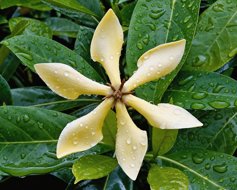 A creamy-yellow Gardenia vietnamensis flower spreads six curled petals above rain-speckled leaves