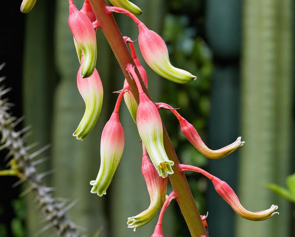 Gasteria carinata has pendant flowers with swollen pink bases and slender pale green curved tubes along a reddish stalk