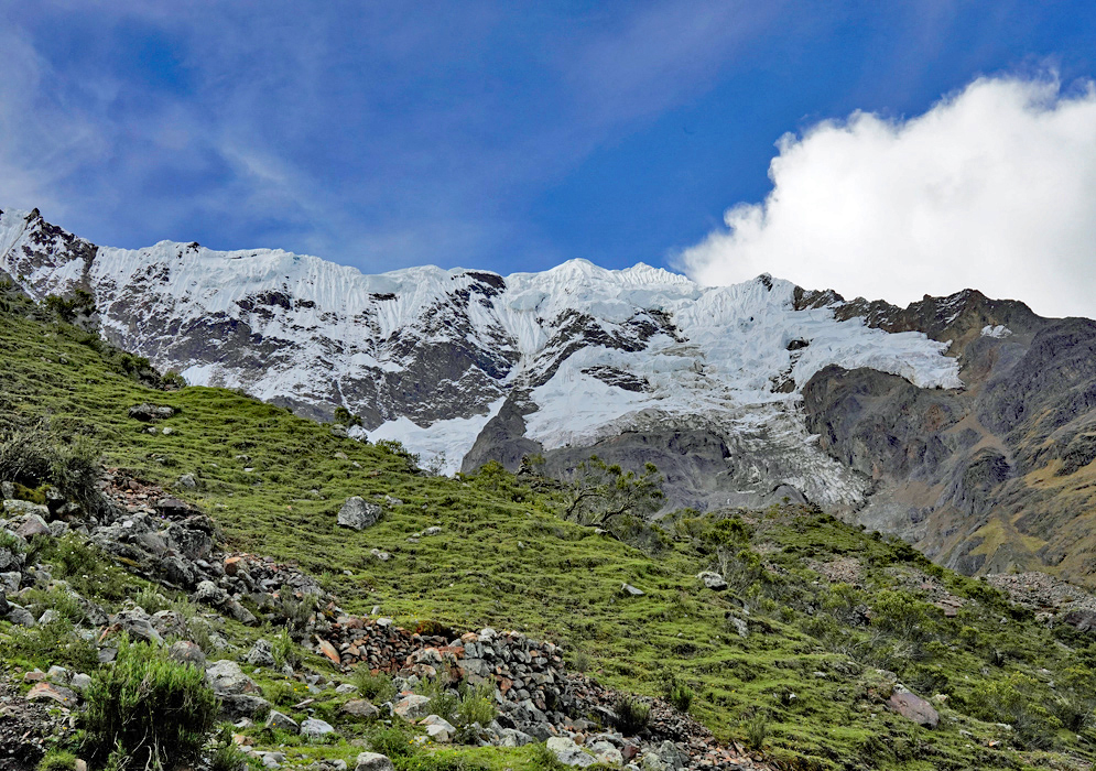 Andes Glacier Peak A snow-capped Andean summit with bright white glaciers glowing under a blue sky and grassy slopes covered in rocks and alpine vegetation below