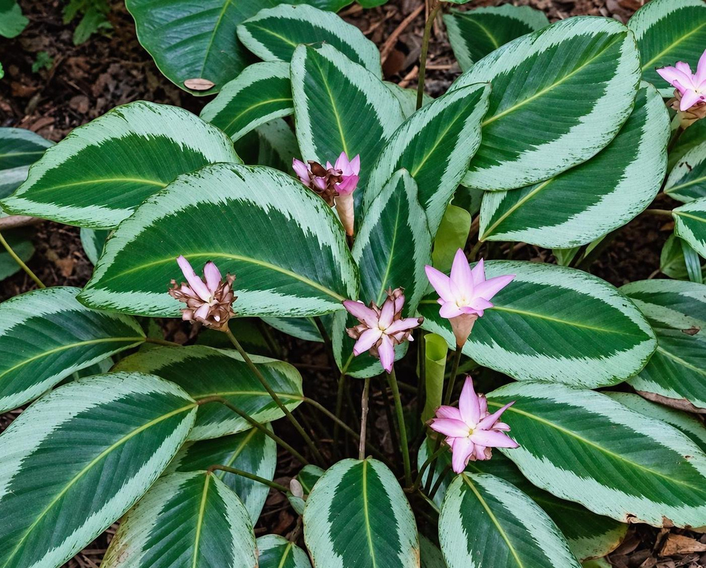 Pink star-shaped Goeppertia loeseneri flower displays rise above a clump of white-striped green leaves