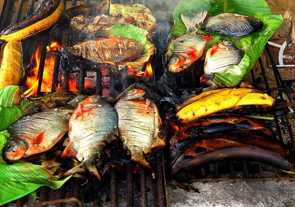 Cachama and yellow plantain cooking on a outdoor grill