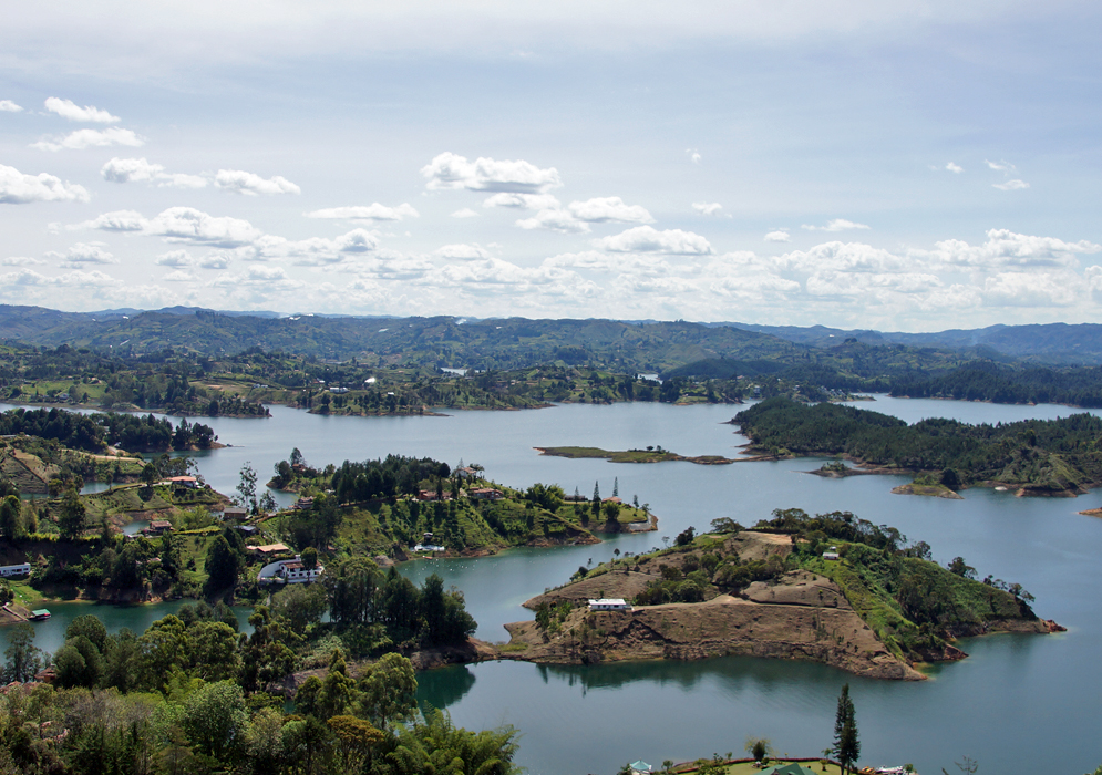 Guatape's landscape to the lake and mountains close-up 
