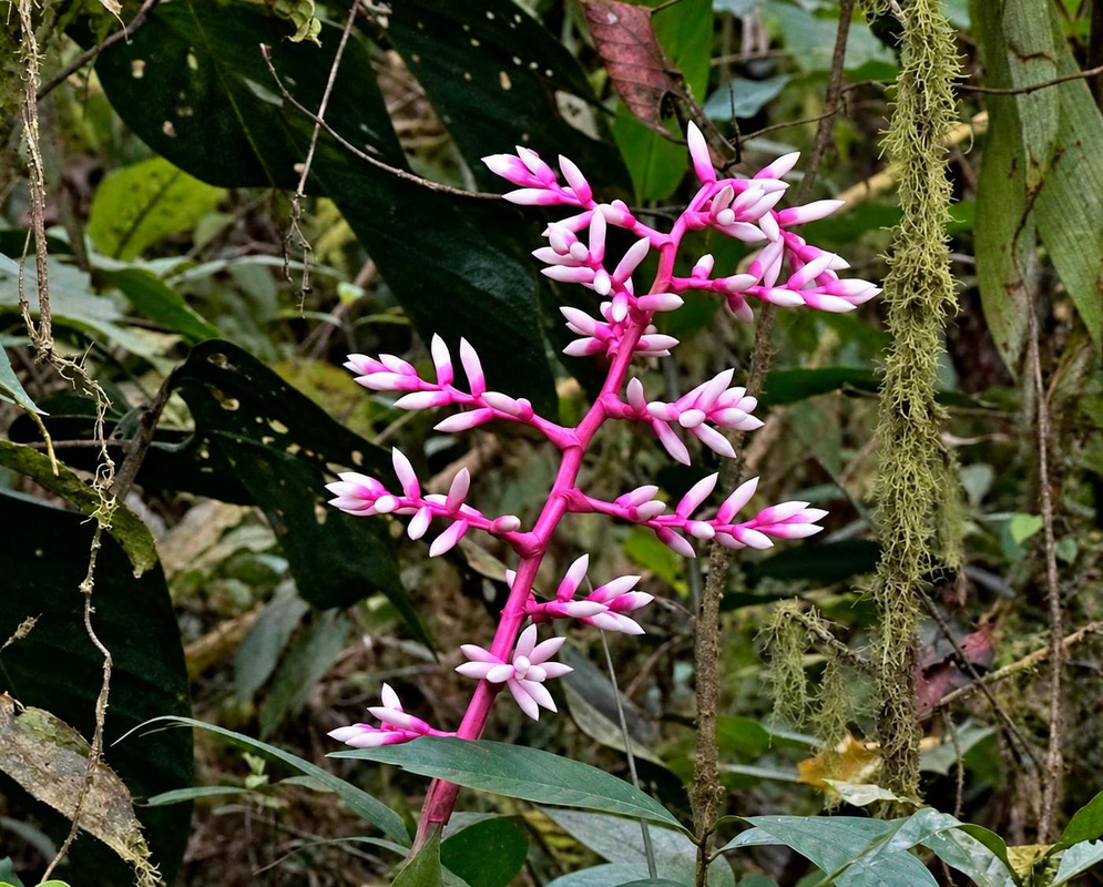 Guzmania alborosea has an upright branching pink flowering stalk with white flowers above long green leaves in forest vegetation