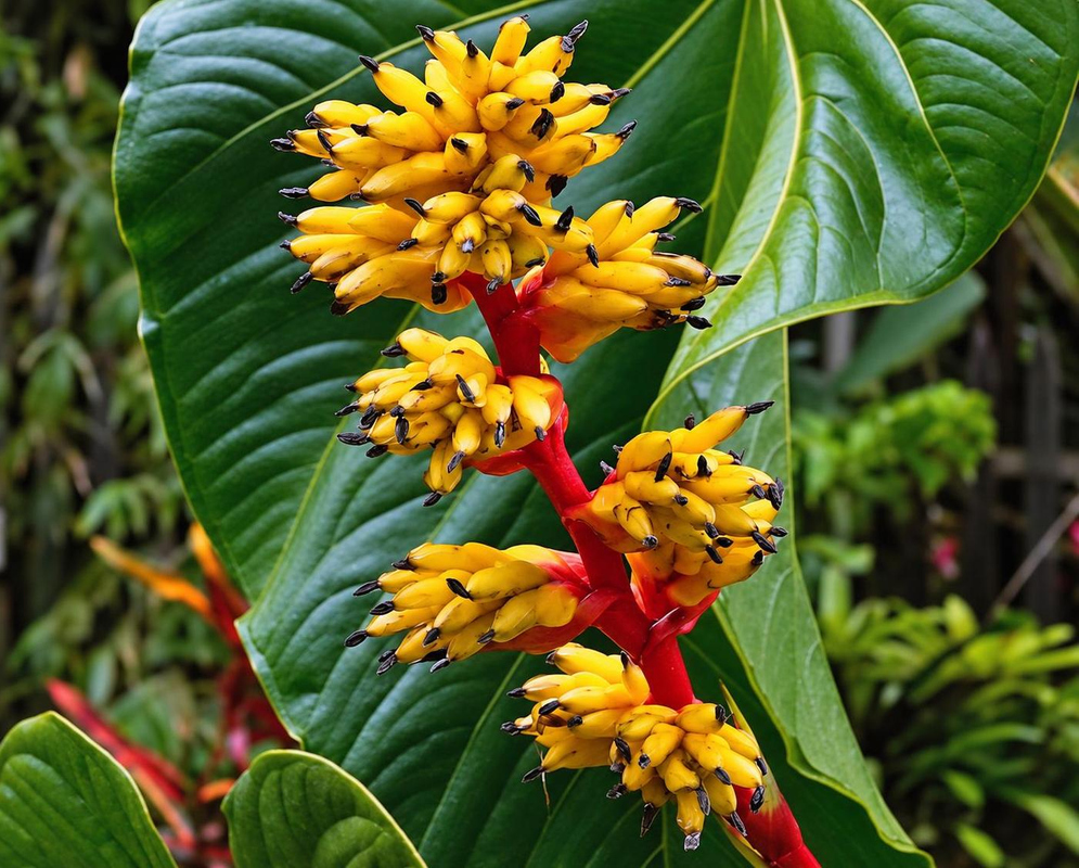 Guzmania weberbaueri has rounded clusters of pointed golden-yellow flowers arranged along a vivid red branching stalk