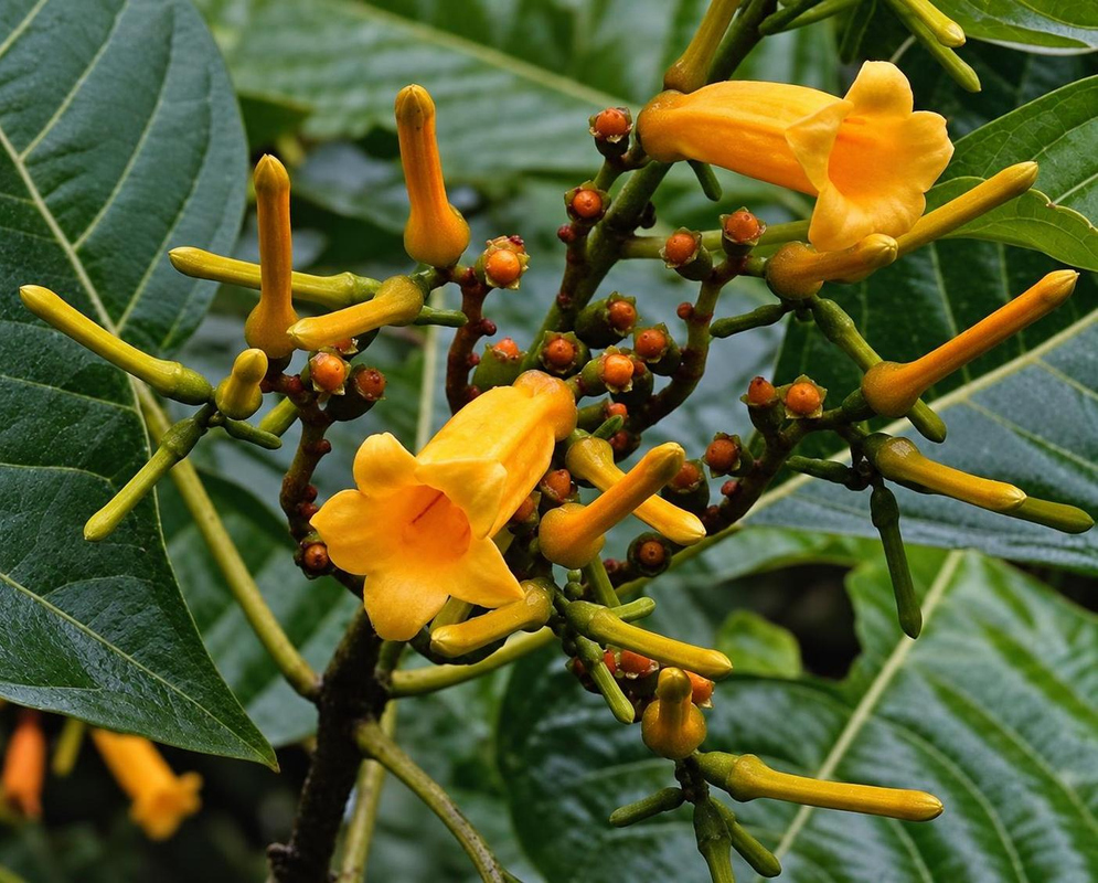 Hamelia macrantha has clusters of golden-orange funnel-shaped flowers, long tubular buds and dark berries among broad green leaves