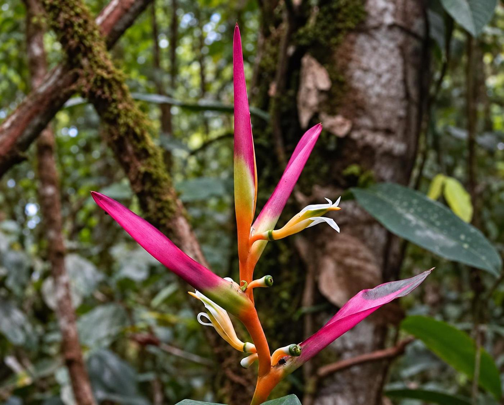 Heliconia aemygdiana has narrow vivid pink bracts along a yellow-orange axis with small curved flowers