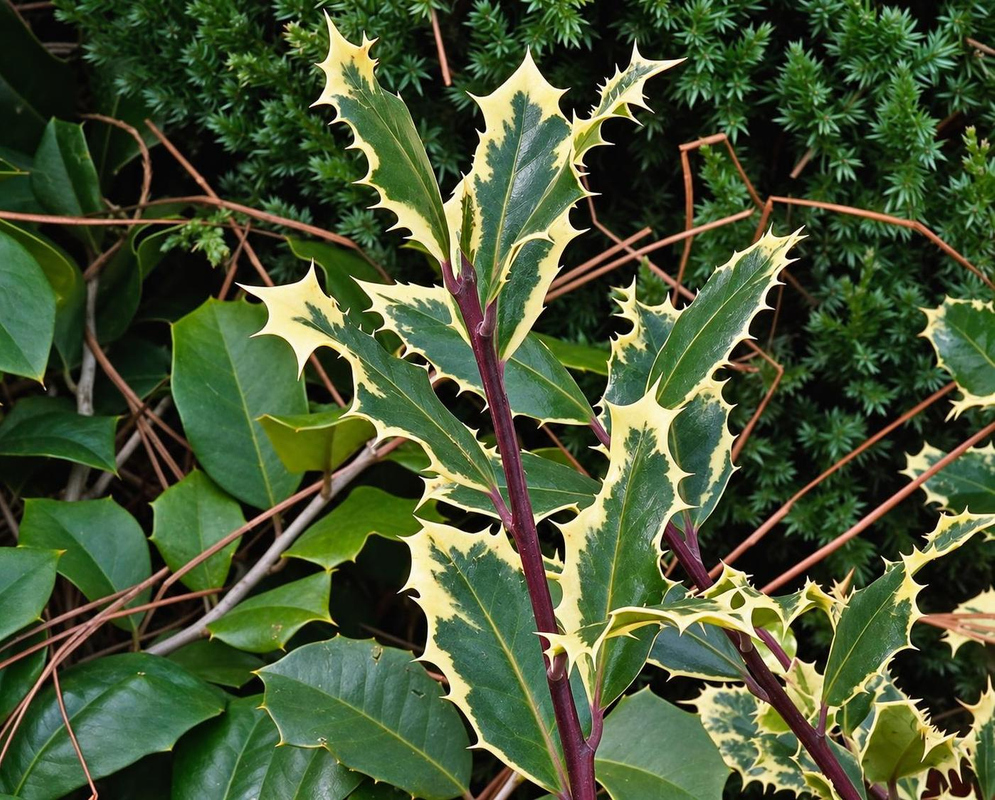 Ilex aquifolium Ferox Argentea has sharply spined dark green leaves edged in creamy white along reddish purple stems