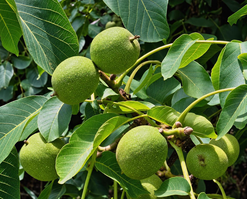 Juglans regia has several rounded green husked walnuts along a branch among pinnate leaves with broad leaflets