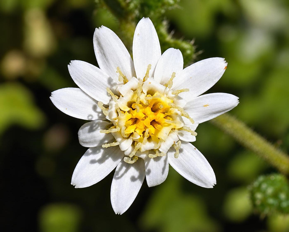 Jungia paniculata has a white flower head with broad outer lobes and a yellow center beside small rounded green buds