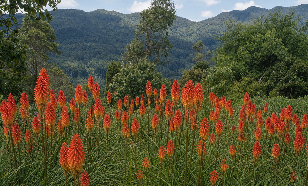 Kniphofia uvaria Flowers in the Mountains Mass planting of red-hot poker Kniphofia uvaria flowers below forested Andean mountains