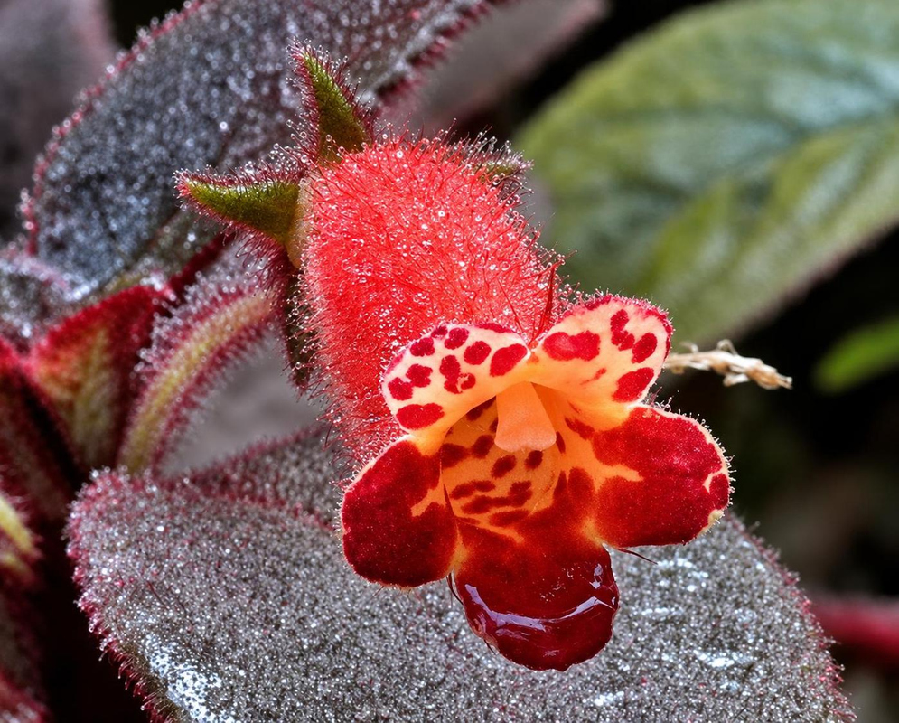 A Kohleria hybrid has a hairy red tubular flower with orange lower lobes marked by dark red spots