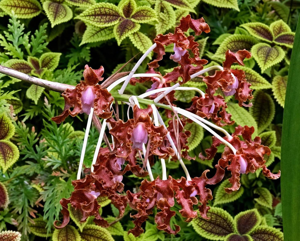 Brown-red Laelia weberbaueriana flowers with curled segments spread from long pale stalks
