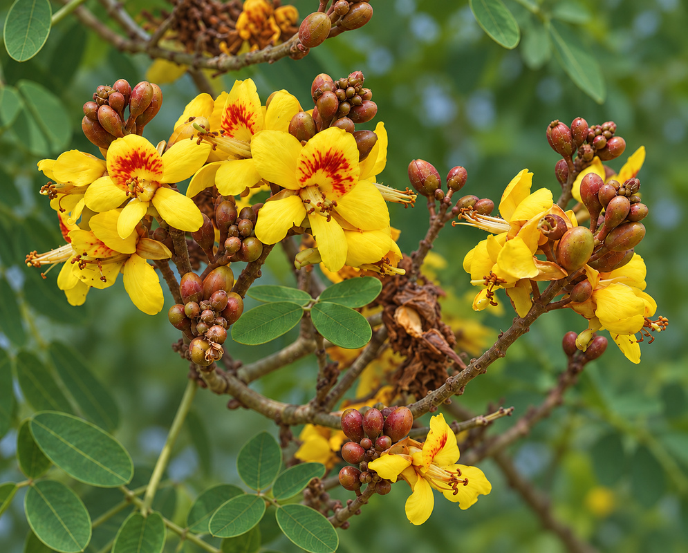 Yellow Libidibia punctata flowers display red markings beside rounded reddish buds